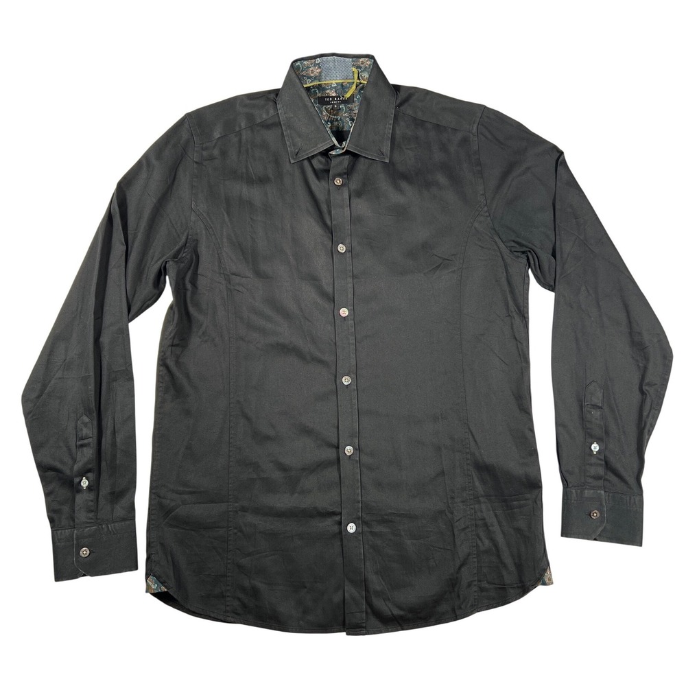 Ted Baker London Black Button Down Shirt Size 3 Medium Paisley Trim Tailored EUC